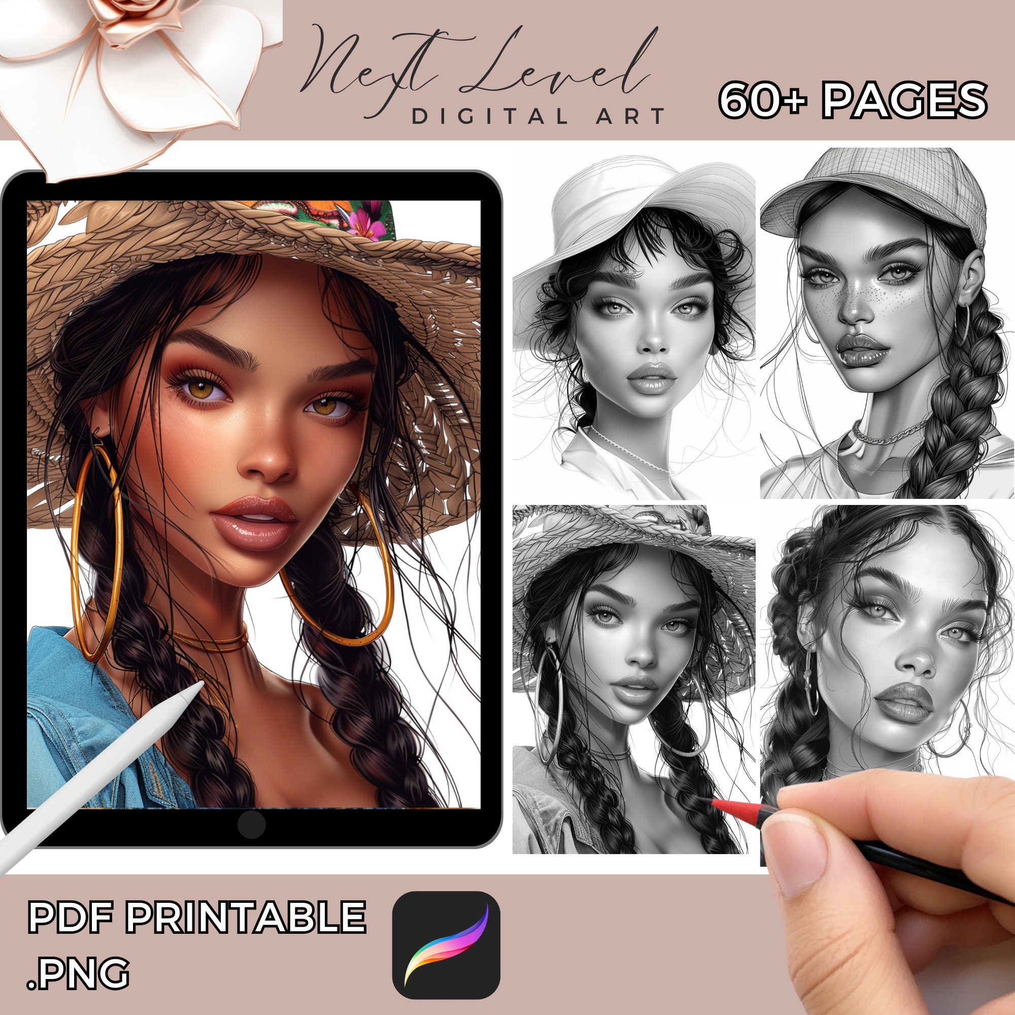 Libro de colorear para mujeres para Procreate: peinados y maquillaje en escala de grises | PNG + PDF imprimible