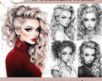 Vogue Vibes: A Stylish Fashion  Hairstyles and Makeup Coloring Book Grayscale Coloring Sheet Pages Adults Procreate Digital & Printable PDF
