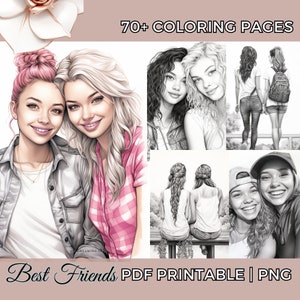 Best Friends Adult Coloring Book Pages In Beautiful Realistic Grayscale Besties Fashion Coloring Sheets Printable PDF Procreate PNG Digital