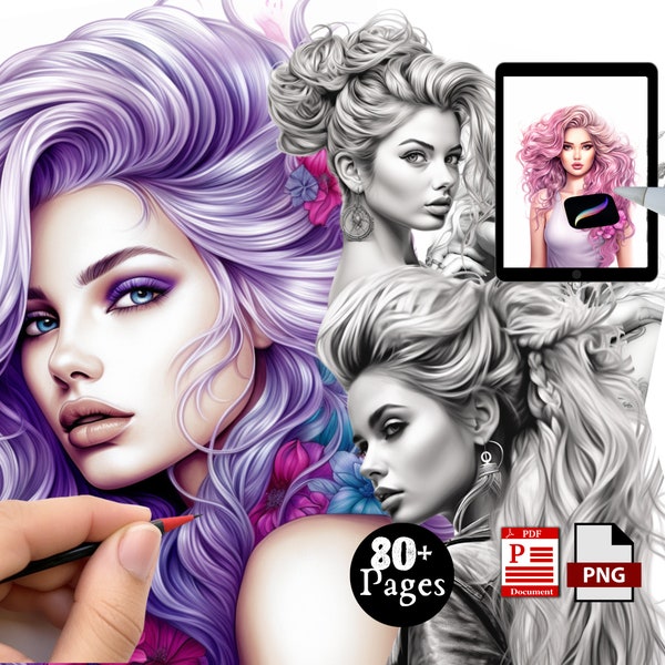 Belles pages de feuille de coloriage haute couture en niveaux de gris pour adultes - Coiffure, Maquillage - Procréer une illustration numérique Télécharger PDF imprimable