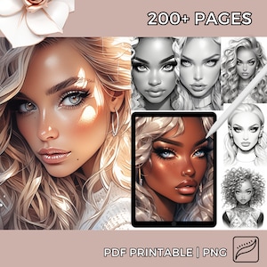 Procreate Malbuch: Frisuren und Make-up Ausdrücke Graustufen Malseiten Digital PNG Druckbare PDF | Perfekt für Procreate Stempel