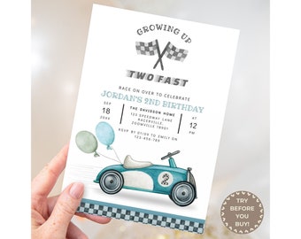 Editable Two Fast Birthday Invitation Race Car 2nd Birthday Invite Racing Car Vintage Racecar Printable Template Instant Download