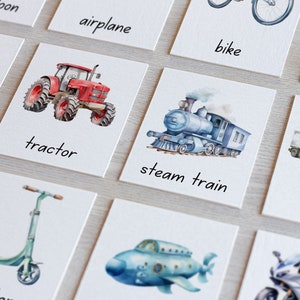 Tarjetas didácticas de clasificación de 3 partes de Montessori sobre nomenclatura de transporte Unidad de estudio para aula de vehículos para preescolar Vocabulario para educación en el hogar