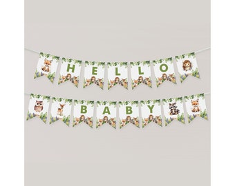 Editable Hello Baby Banner Woodland Baby Shower Welcome Flag Decoration Forest Animals Party Decor Printable Garland DIY Custom Bunting BS1