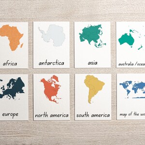 Wereldcontinenten Montessori-nomenclatuur 3-delige classificatie Flash-kaarten Klas Afdrukbaar Homeschool Aardrijkskunde Matching kinderspellen