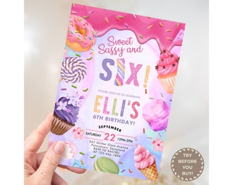 Modèle d'invitation doux et impertinent pour six anniversaires pour filles, crème glacée modifiable Evite bonbons 6e célébration, invitation donut, petit gâteau, friandises