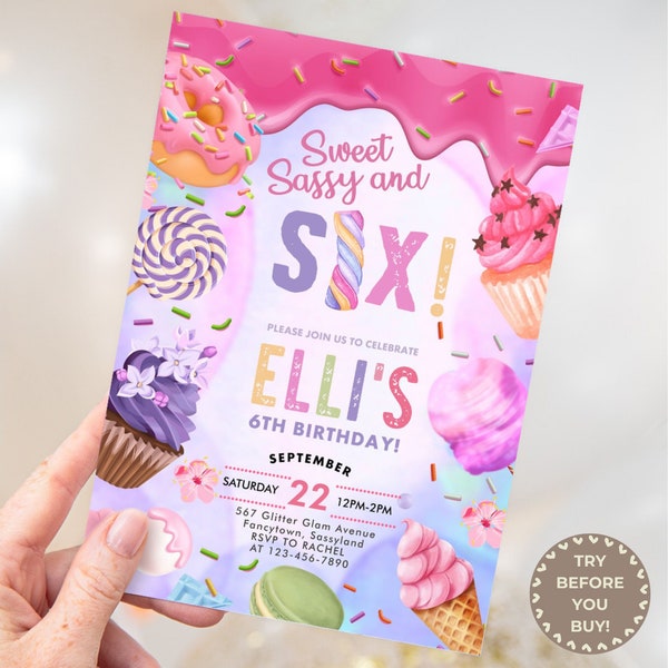 Sweet Sassy And Six Birthday Invitation For Girls Editable Ice Cream Evite Candy 6th Celebration Invite Donut Cupcake Treats Template