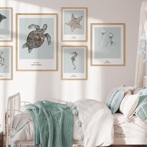 K&ouml;nnte beinhalten: Ein wei&szlig;es Bett mit einer hellblauen Decke und Kissen in einem Schlafzimmer mit einer wei&szlig;en Wand und sechs gerahmten Drucken von Meerestieren. Die Drucke zeigen eine Meeresschildkr&ouml;te, einen Seestern, eine Qualle, einen Oktopus, einen Rochen und ein Seepferdchen.