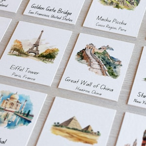Tarjetas didácticas de clasificación de 3 partes de Montessori sobre monumentos del mundo, estudio de unidad de vocabulario para aula, continentes, educación en el hogar