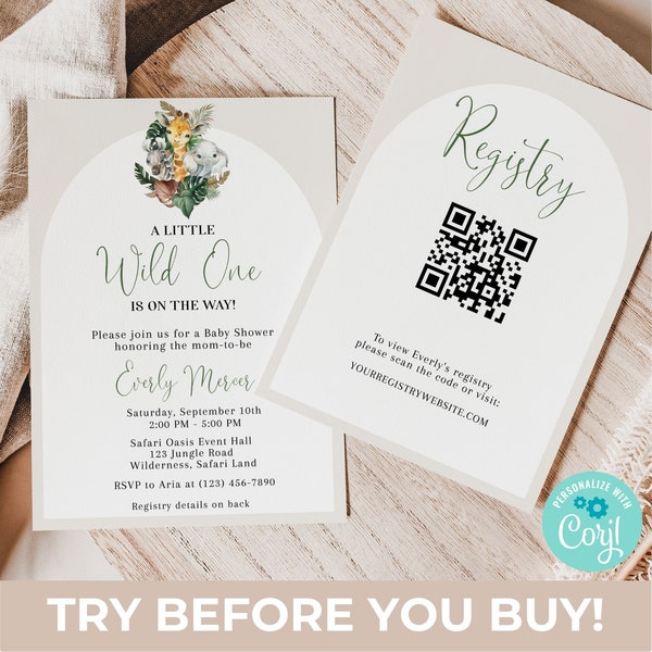 Editable A Little Wild One On The Way Baby Shower Invitation With QR Code Baby Shower Registry Safari Jungle Animals Baby Shower Invite Card