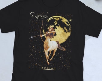 Sagittarius T-shirt, artistic centaur design on a cosmic background full of stars