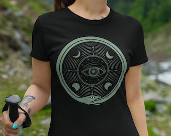 Mystical unisex t-shirt, esoteric snake, moons and spiritual eye design, magical alternative clothing, esoteric symbology tee