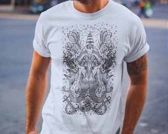 Pisces Unisex T-Shirt: Unique print with mermaids, ship and water symbolism. Soft and comfortable, art and zodiacal essence. free shipping