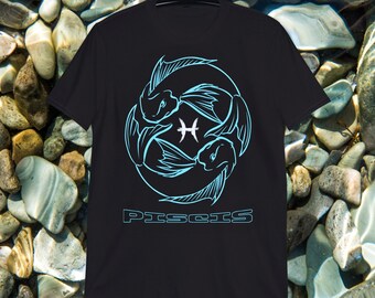 UNISEX T-SHIRT, Circle fish design and Pisces symbol, captures its aquatic essence and duality. Mystical and authentic style, pisces sign