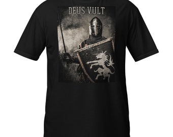 Unique Black Knight Tee,Crusader War Cry Deus Vult Included, medieval design