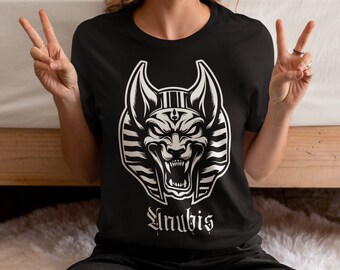 Egyptian Dark Gothic shirt of god Anubis, ancestral culture, Egyptian symbols, mystical design.