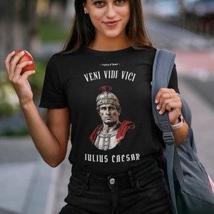 Roman Republic Tee with a unique design of Julius Caesar and his mythical phrase I came, I saw, I conquered, in Latin