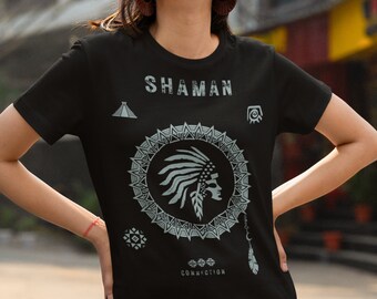 Mystical Mesoamerican Shaman T-shirt with Spiritual Symbols and Amulets