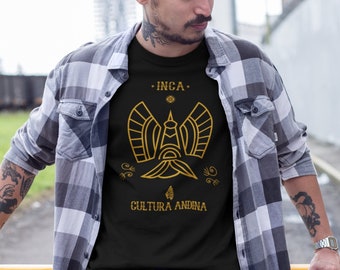Inca T-shirt featuring a bird symbol and golden colors, symbolizing the Andean culture of Mesoamerica.