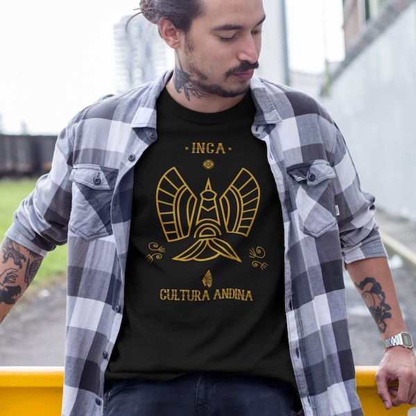 T-shirt INCA avec symbole oiseau et couleurs dorées, Symbole de la culture andine de Méso-Amérique