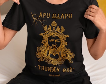 Stylish INCA shirt featuring the Mesoamerican God APU ILLAPU in golden tones.