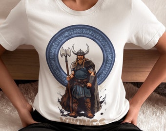 Viking t-shirt with Norse runic alphabet in a circular frame, made with quality cotton, Norse culture fashion, runic alphabet