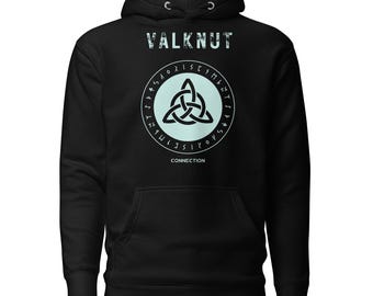 May include: A black hooded sweatshirt featuring a graphic print on the chest. The design includes the word VALKNUT above a light blue circle containing a black triquetra symbol surrounded by runic characters, with the word CONNECTION below.