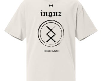 Oversized faded tee with norse rune design, Inguz amulet