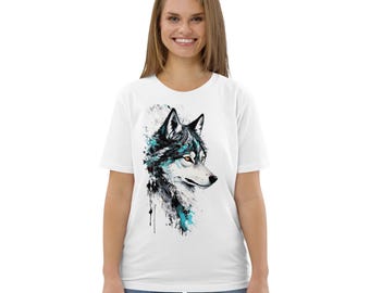 Mystical Organic Cotton T-shirt with artistic wolf design in turquoise colors