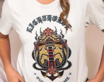 Mystical t-shirt for sea lovers. The lighthouse, a symbol of guidance and hope, stands out in a design full of energy and meaning.