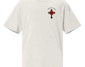 Unisex T-shirt with symbols of the secret order ROSACRUZ, oversized style with worn effect