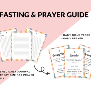 May include: A printable fasting and prayer guide with a colorful striped design. The guide includes daily Bible verses, daily prayers, and a themed journal for each day. The text on the guide reads "Seeking Wisdom", "Surrender", and "Transformation".