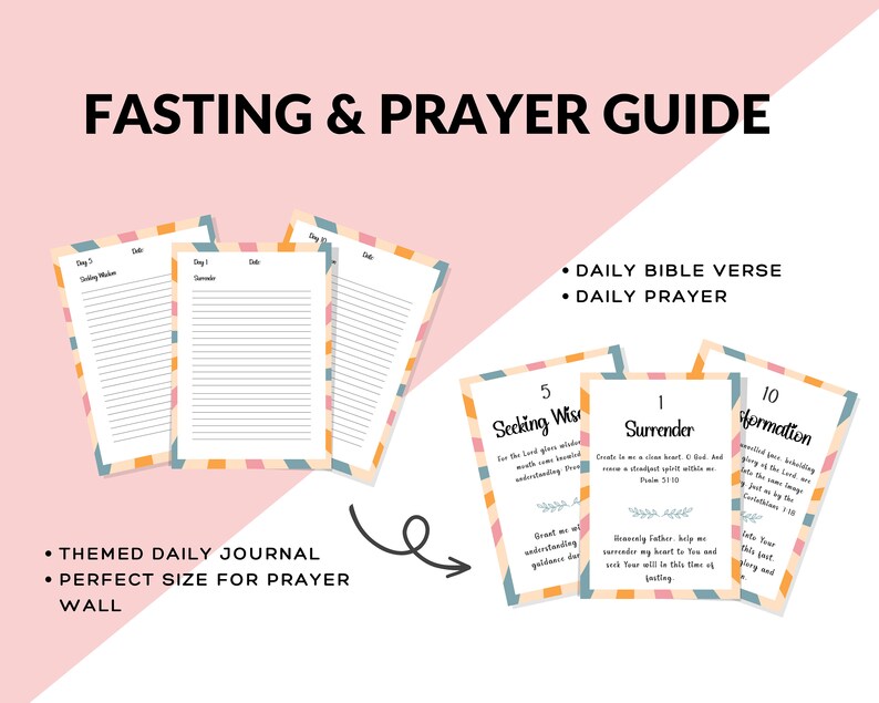 May include: A printable fasting and prayer guide with a colorful striped design. The guide includes daily Bible verses, daily prayers, and a themed journal for each day. The text on the guide reads "Seeking Wisdom", "Surrender", and "Transformation".