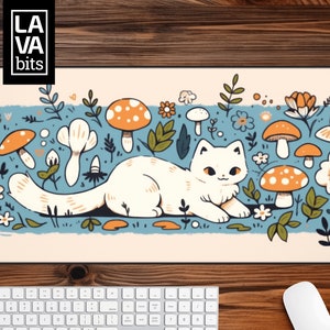 May include: A rectangular mouse pad featuring a white cat lying down amidst cartoon mushrooms, flowers, and foliage. The design has a light blue background and a beige border. The text "LAVA bits" is in the upper left corner.