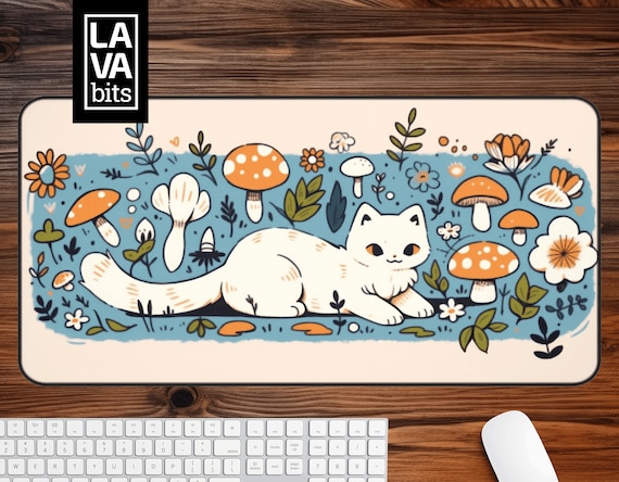 Cottagecore Cat Desk Mat: Whimsical Mushroom Mousepad