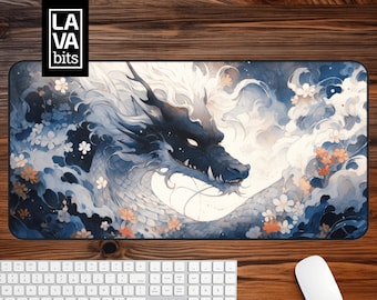 Dragon Desk Mat: Japanese Art, Blue Hues, Anime Deskpad