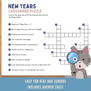 New Years Crossword Puzzle Game Printable, Crossword Puzzles for Seniors, Easy Simple Crossword Puzzle Print, Childrens Crossword Puzzle