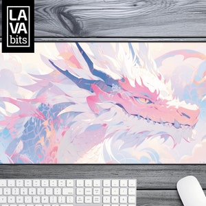 Pink Dragon Desk Mat Mouse Pad with Cute Anime Pastel Aesthetic for Gaming, Office Decor, Desk Protector & Gamer Gift