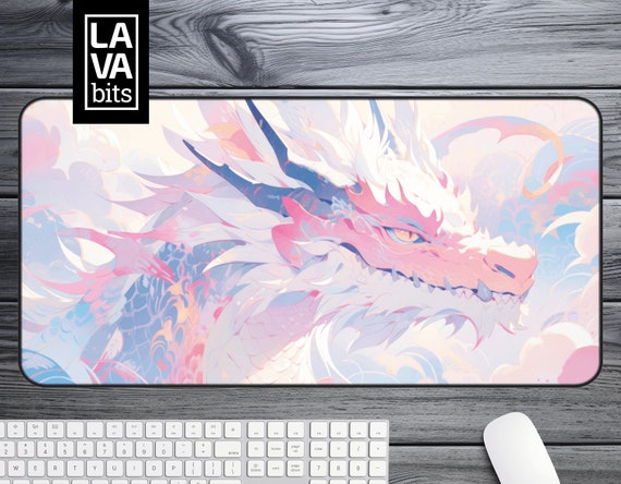 Pink Dragon Desk Mat Mouse Pad with Cute Anime Pastel Aesthetic for Gaming, Office Decor, Desk Protector & Gamer Gift