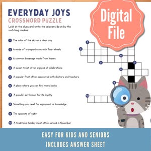 Crossword Puzzle Game Printable, Crossword Puzzles for Seniors, Easy Simple Crossword Puzzle Print, Childrens Beginner Crossword Puzzle