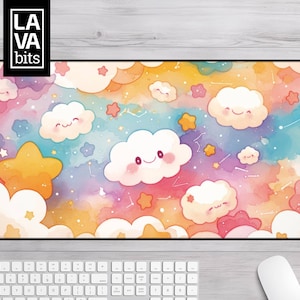 Cute Cloud Stars Lofi Desk Mat Aesthetic Stars Desk Mat Cloud Desk Decor Kawaii XL Mousepad Cloud Deskmat Mouse Pad Kawaii Desk Mat