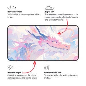 May include: A pink and blue mouse pad with a dragon design. The mouse pad has a non-slip bottom, hemmed edges, and a soft, smooth surface. The text "Super Soft" and "Multifunctional use" is visible on the image.