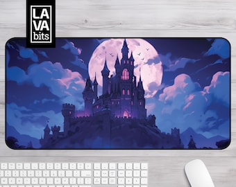 Purple Castle Desk Mat, Gothic Moon Mousepad, Fantasy Gamer Gift