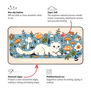 May include: A rectangular mousepad featuring a white cat illustration surrounded by mushrooms and flowers on a light blue background. The mousepad has a non-slip bottom, hemmed edges, and is made of a super soft neoprene material. It is designed for multifunctional use.