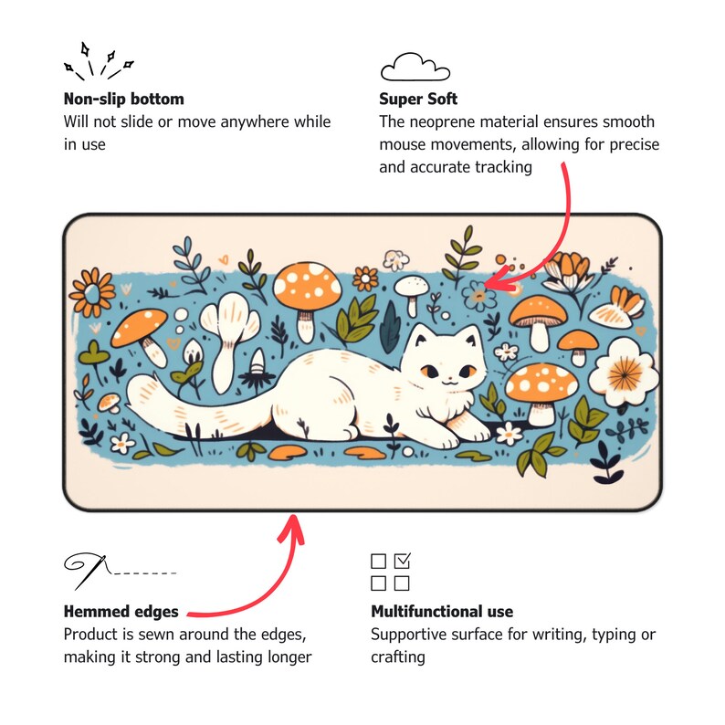 May include: A rectangular mousepad featuring a white cat illustration surrounded by mushrooms and flowers on a light blue background. The mousepad has a non-slip bottom, hemmed edges, and is made of a super soft neoprene material. It is designed for multifunctional use.