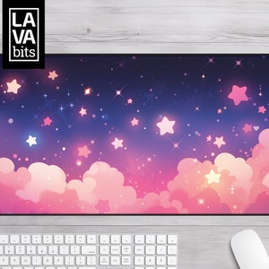 Kawaii Pink Desk Mat Mousepad Desk Pad for Gaming, Office Decor, TCG Playmat & Gamer Gift | Stars, Cloud Inspired Custom Desk Mat Aesthetic