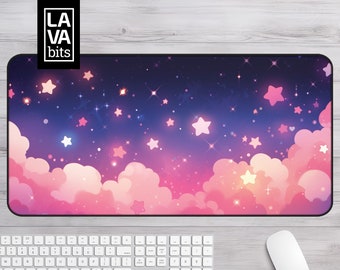 Kawaii Pink Desk Mat, Stars and Clouds, Gamer Decor