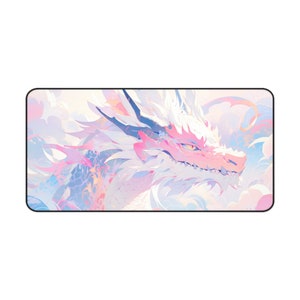 May include: A pink and white dragon with blue accents is depicted in a digital illustration. The dragon's head is facing the right side of the image. The dragon is surrounded by a soft, pastel background.