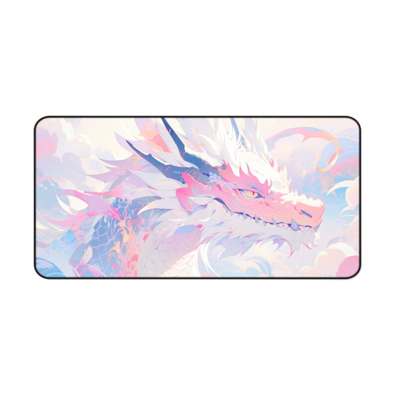 May include: A pink and white dragon with blue accents is depicted in a digital illustration. The dragon's head is facing the right side of the image. The dragon is surrounded by a soft, pastel background.