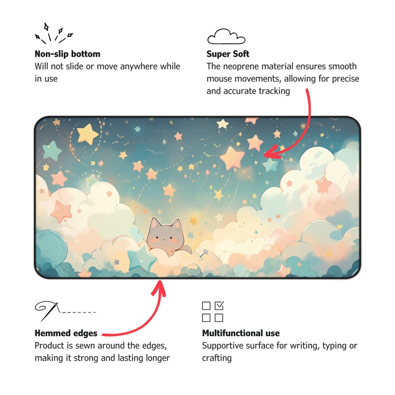 Puede incluir: Una alfombrilla de rat&oacute;n con un dise&ntilde;o caprichoso que presenta nubes, estrellas y un gato lindo. La alfombrilla tiene una base antideslizante y est&aacute; hecha de un material suave de neopreno. Tambi&eacute;n est&aacute; ribeteada alrededor de los bordes para mayor durabilidad.